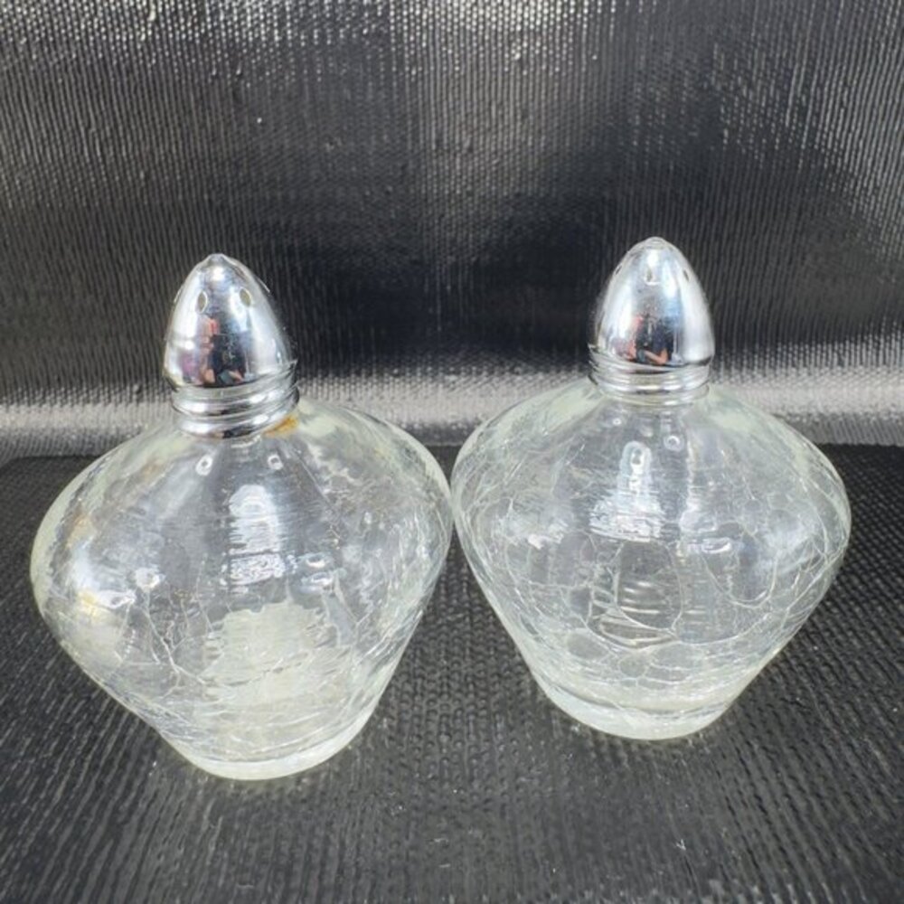 Vintage‎ Irice Clear Crackled Glass Salt And Pepper Shaker Set 2 Metal Lids VTG